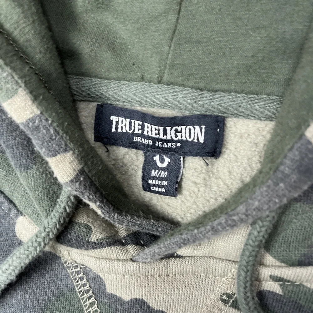 True Religion Hoodie Mens M Green Camo Pullover Patch Logo Drawstring